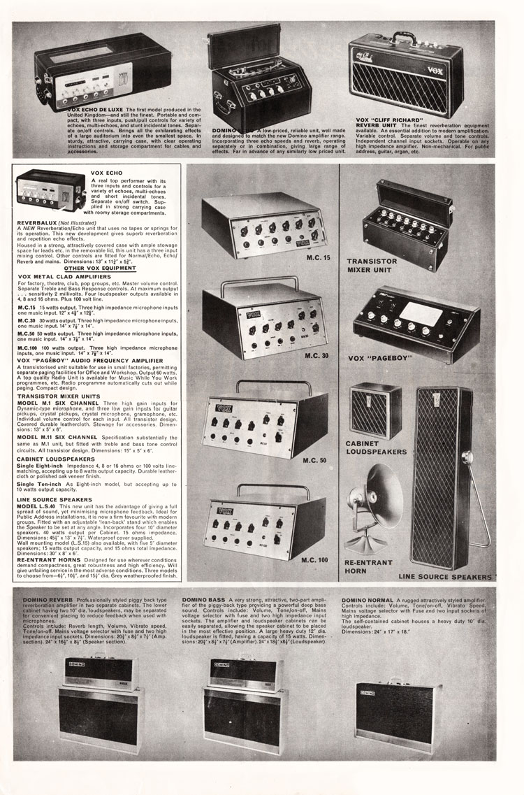 1964 Vox guitar catalog page 3 - Vox reverb and echo units, MC and Domino amplifiers