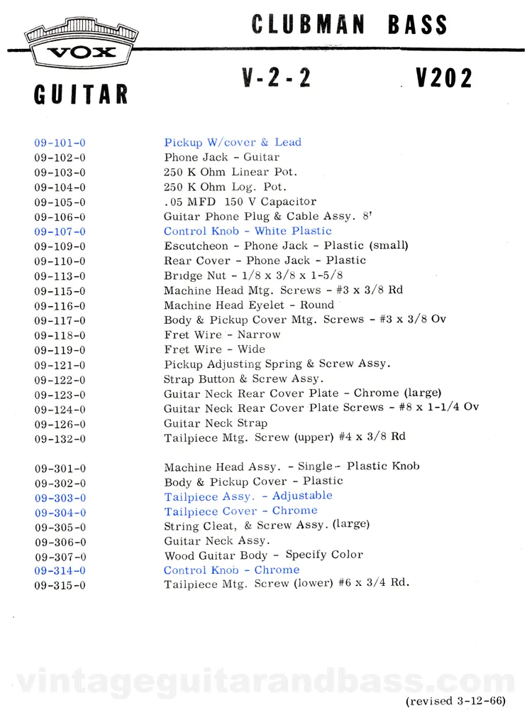 Vox Clubman parts list