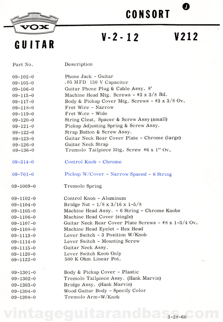 1966 Vox Consort parts list