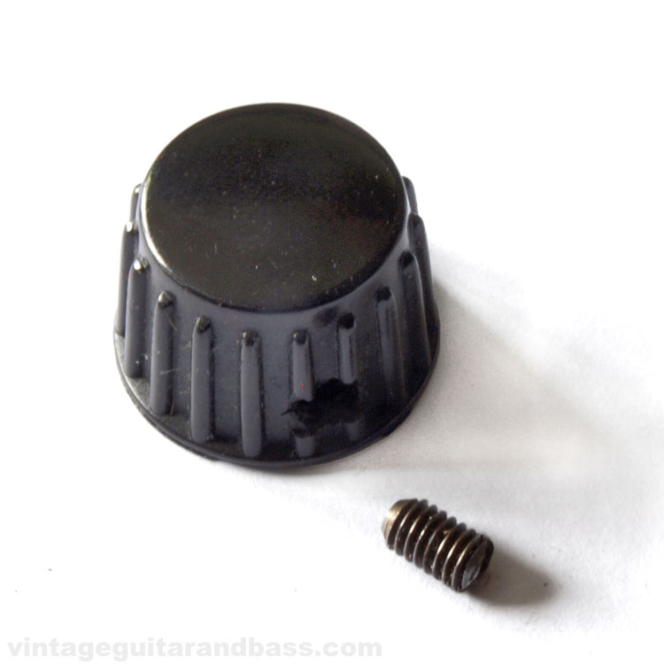 Vox (JMI) black plastic control knob, part 09-703-0. Top view with grub screw.