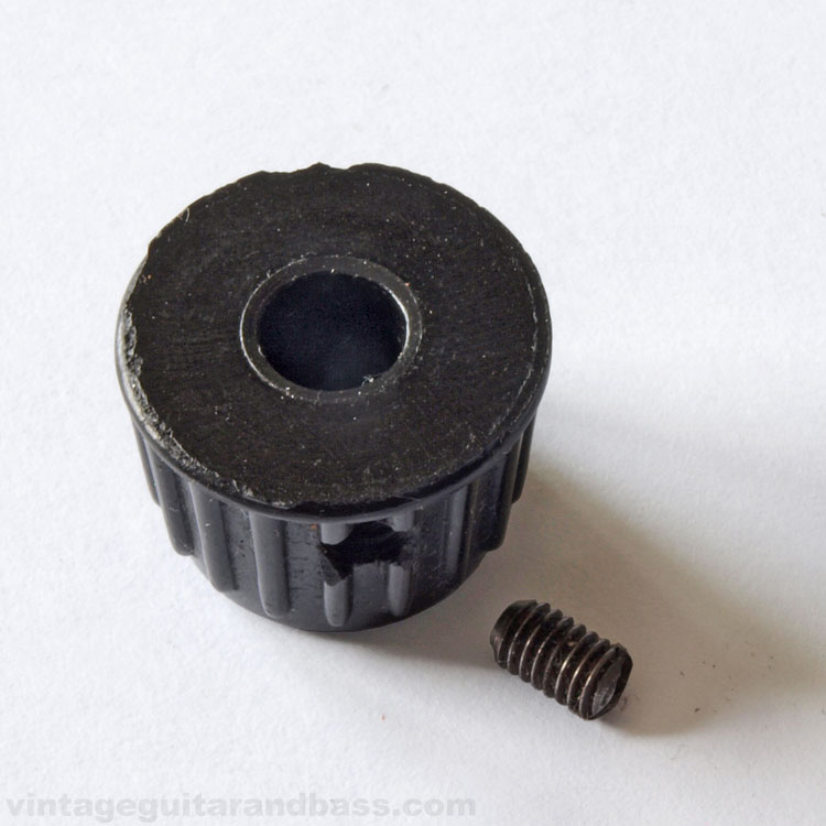 Vox (JMI) black plastic control knob, part 09-703-0. Underside view with grub screw.