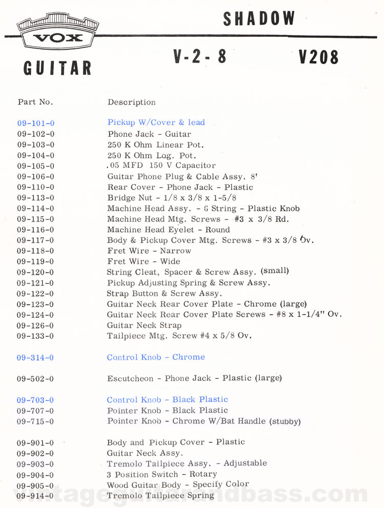 1966 Vox Shadow parts list
