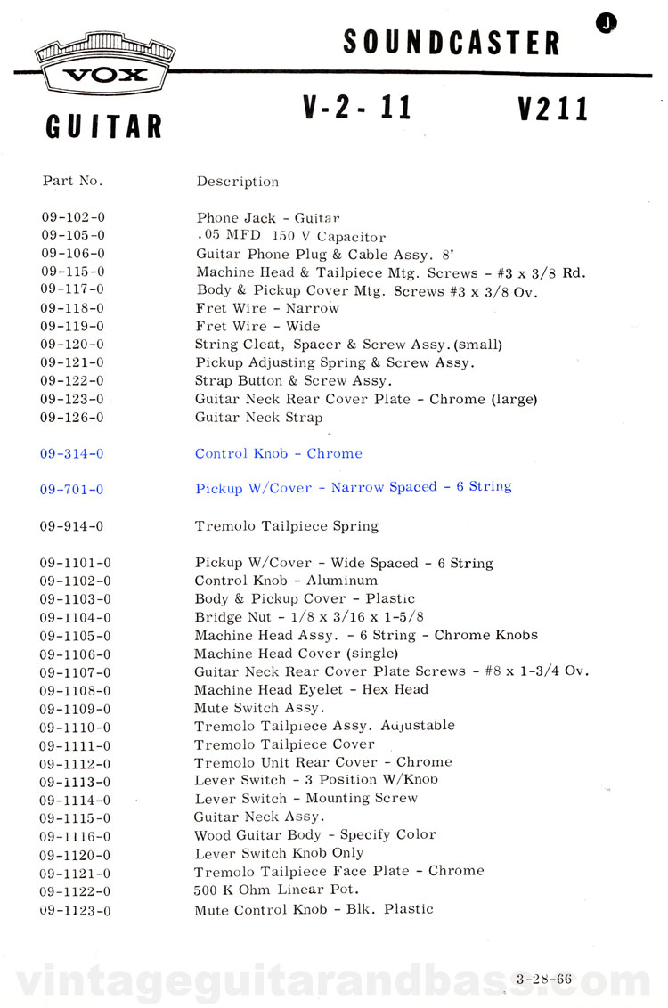 1966 Vox Soundcaster parts list