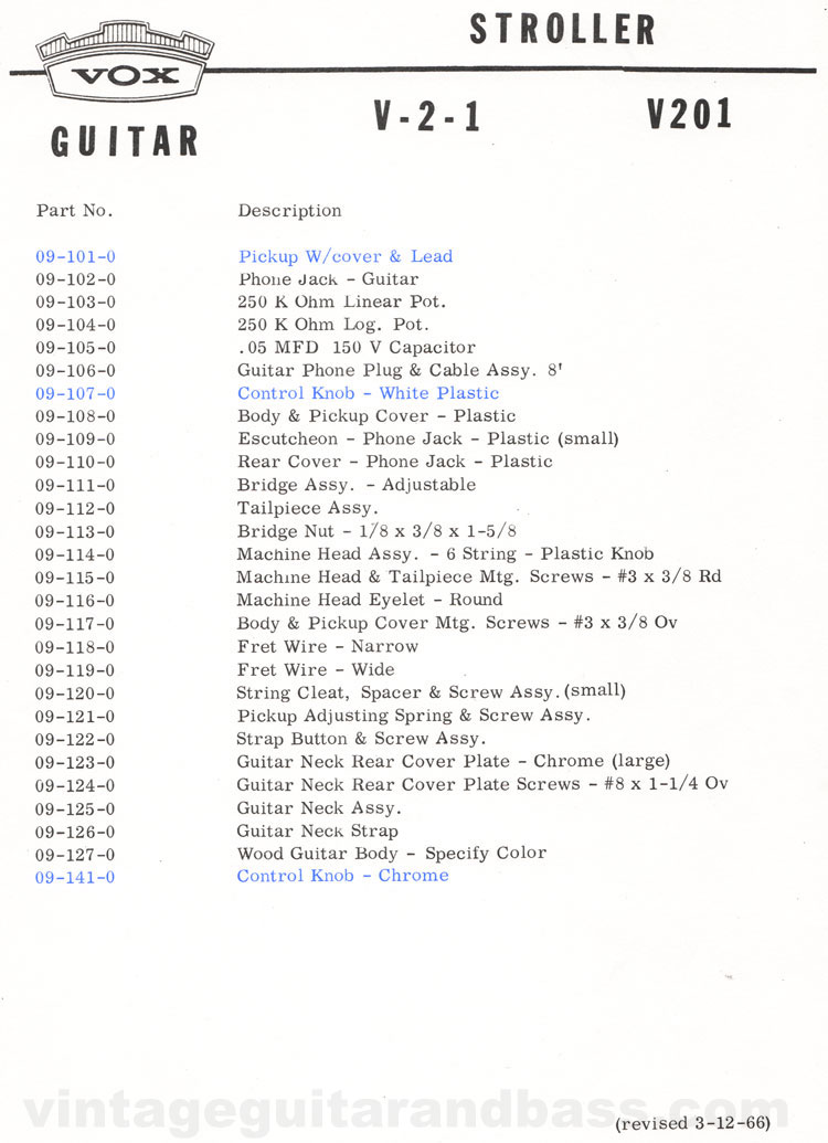 1966 Vox Stroller parts list